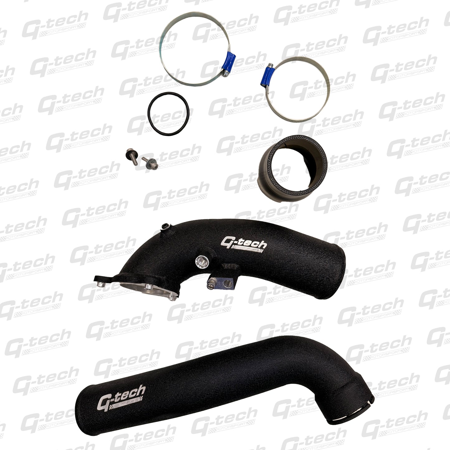 Complete Gtech BMW B58 F-series charge pipe kit with alloy pipes, silicone coupler, clamps and fittings.