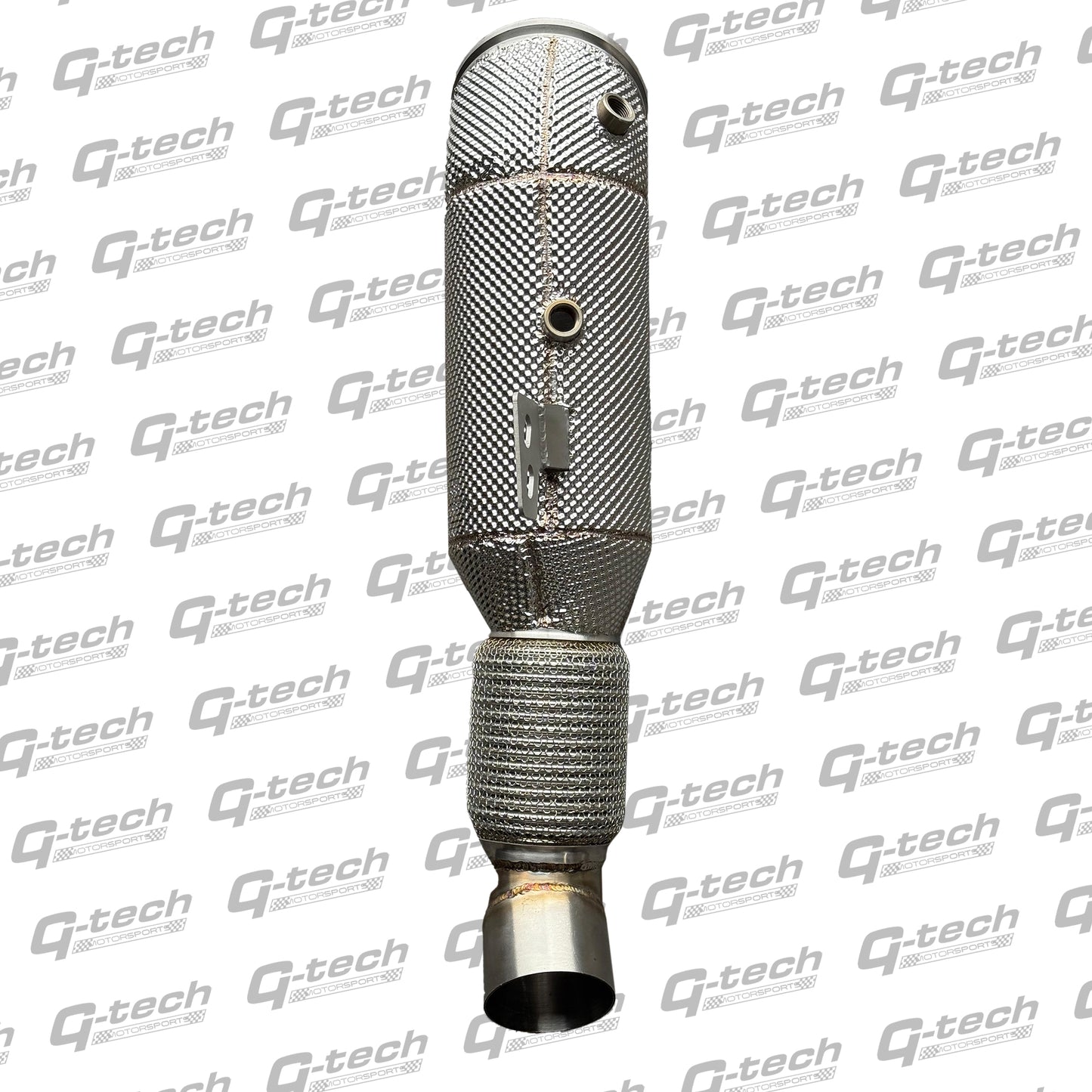G-tech 5-inch stainless steel downpipe with integrated heat shield for BMW B58 Pre-OPF models.
