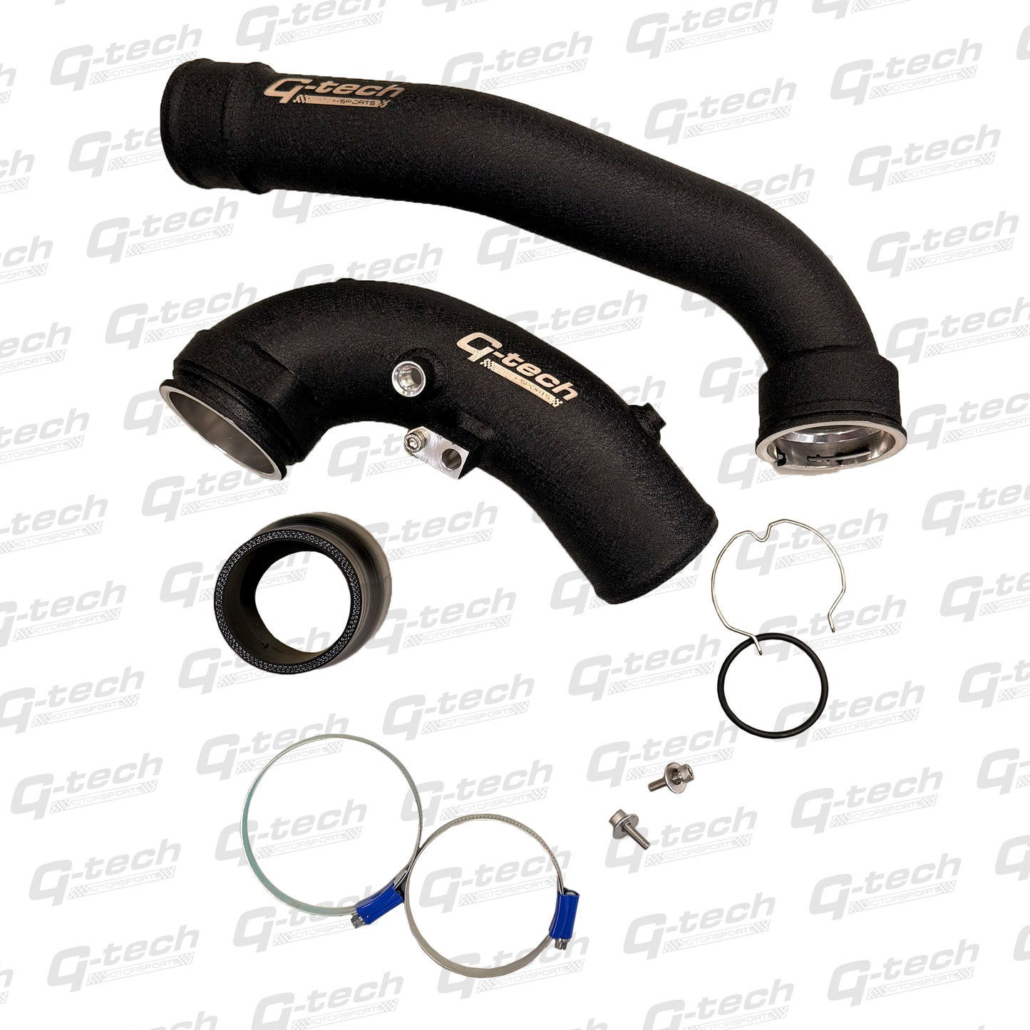 Complete Gtech BMW B58 G-Series charge pipe kit with alloy pipes, 45° silicone coupler and heavy-duty clamps.