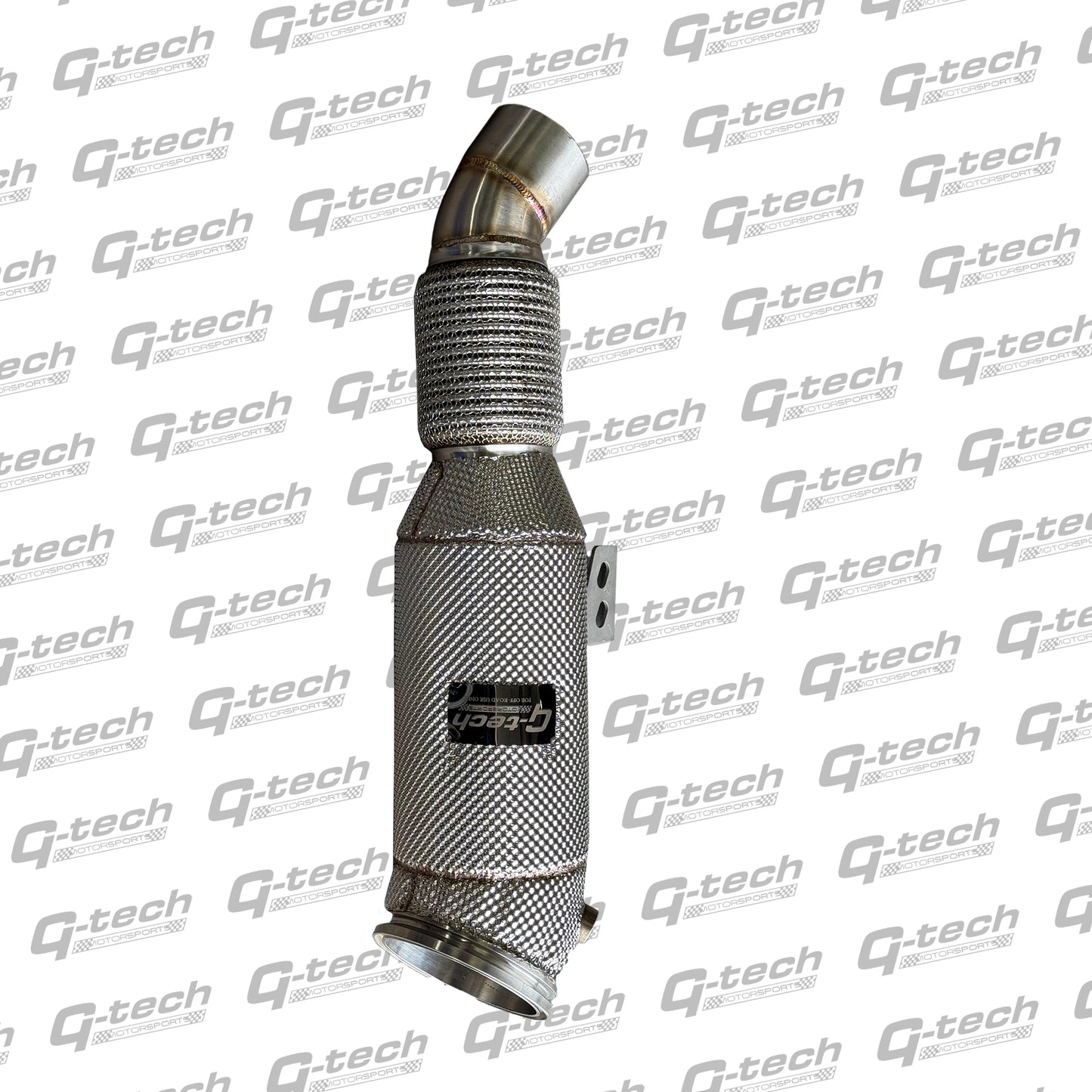 Close-up of heat-wrapped stainless steel body on the G-tech BMW B58 5-inch downpipe.
