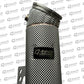 Side view of G-tech 5-inch BMW B58 stainless downpipe showing logo and heat shielding.