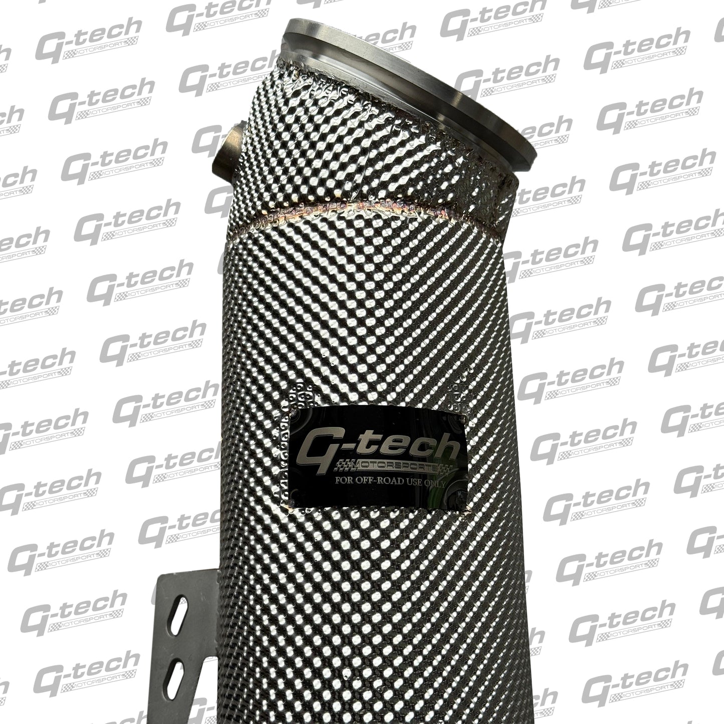 Side view of G-tech 5-inch BMW B58 stainless downpipe showing logo and heat shielding.