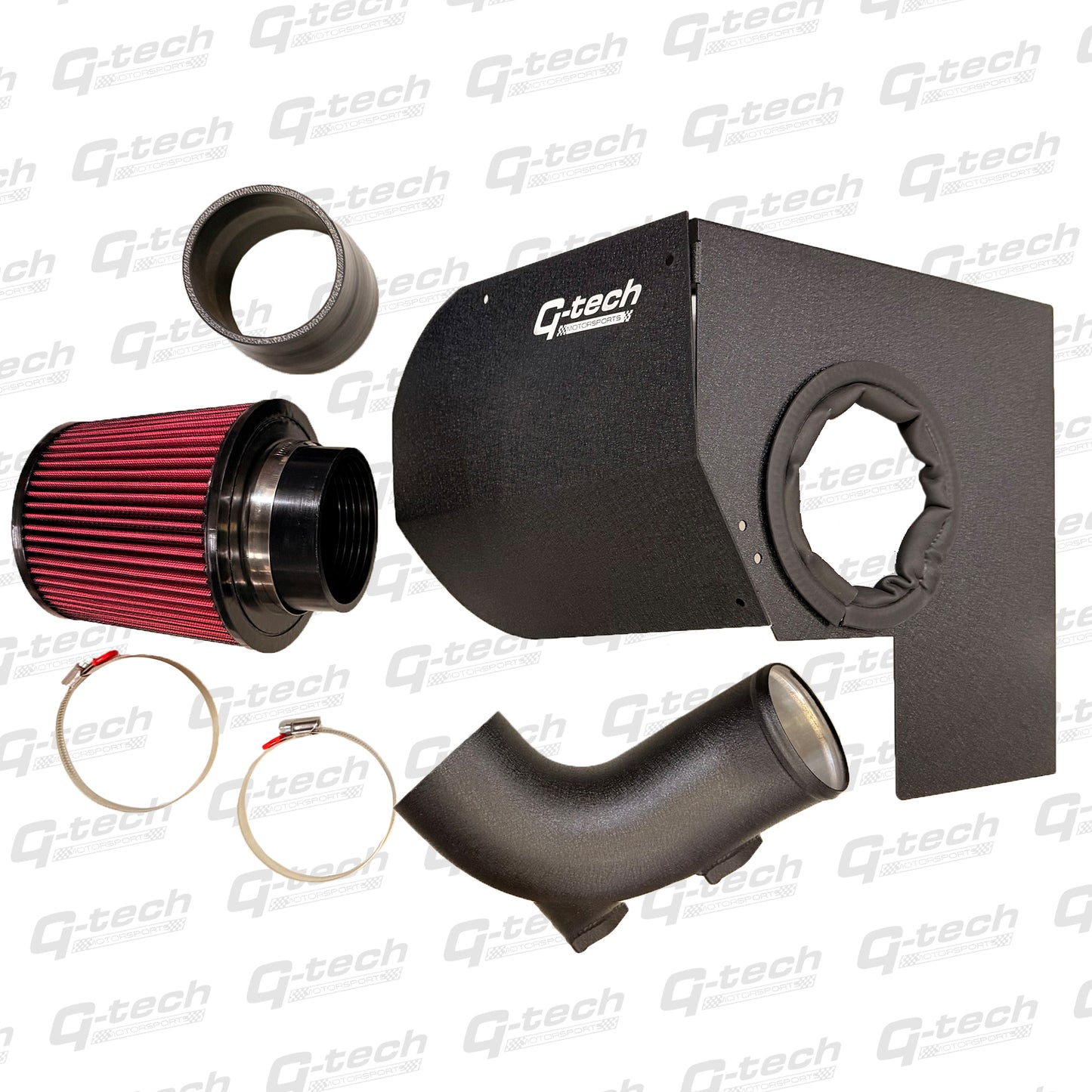 Complete Gtech BMW B58 induction kit including heat shield, inlet pipe, cone filter and fitting hardware.